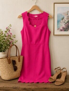 J.Crew Hot Pink Scalloped Sheath Dress Sleeveless Cotton Lined